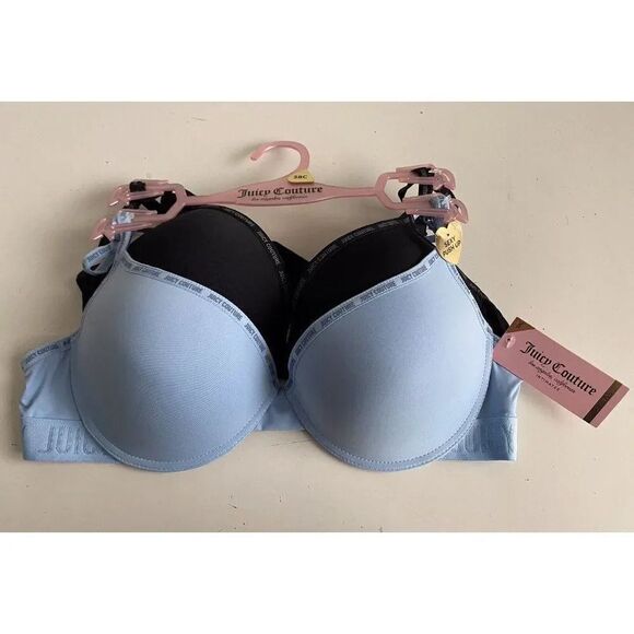 2 Pack Juicy Couture Sexy Push Up Bra JC6559 Blue Black Logo Trim Sz 38C NEW - Picture 10 of 16